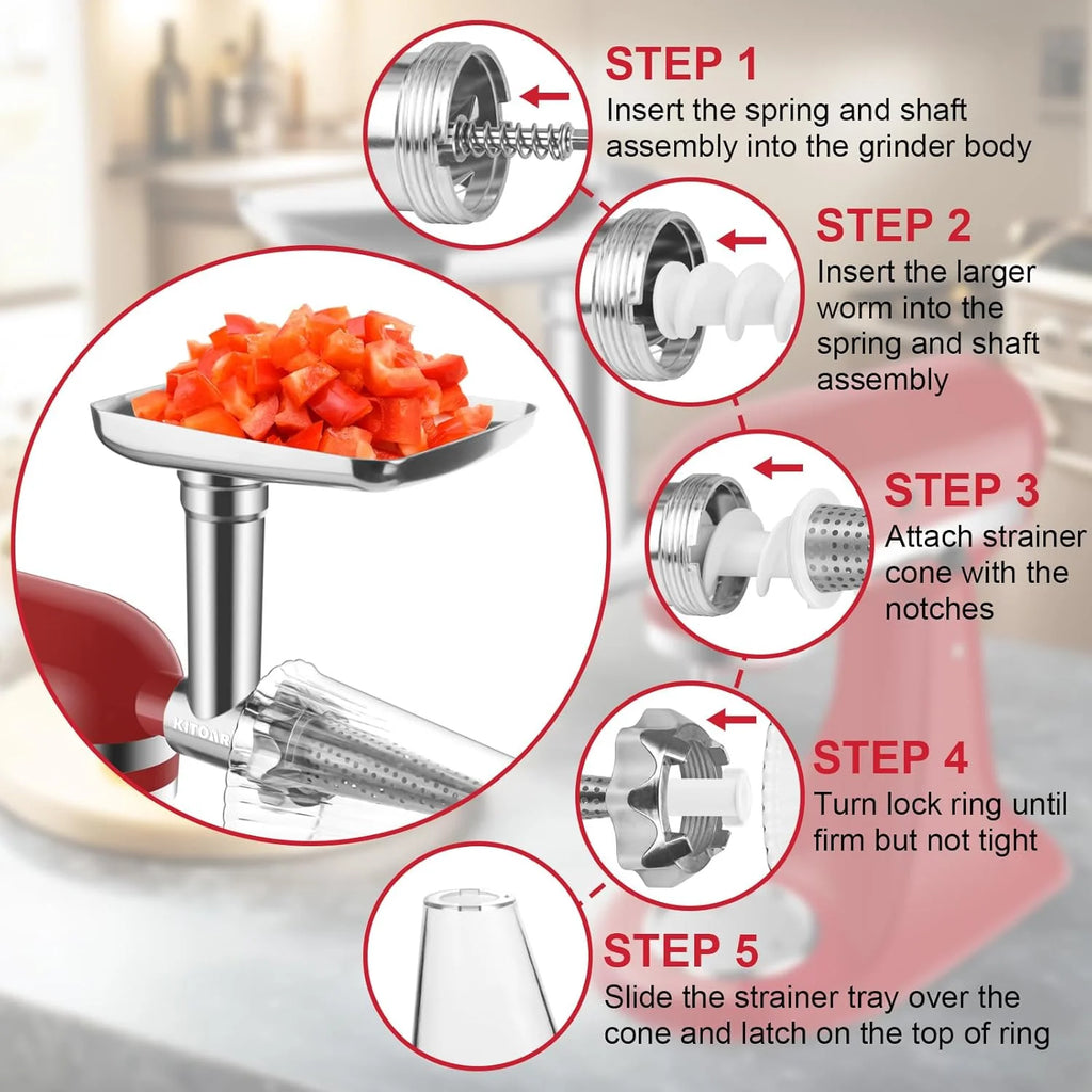 Fruit & Vegetable Strainer Attachment and Food Meat Grinder Attachment for Kitchenaid Stand Mixer with Sausage Stuffer Tubes and Fruits Juicer Auger Strainer