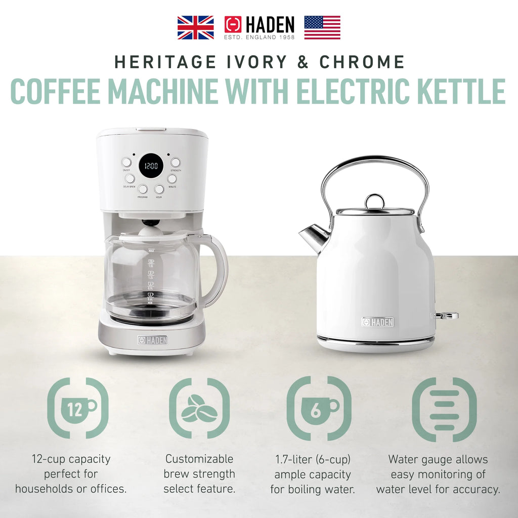 Haden Coffee Maker & Heritage 1.7 Liter Electric Kettle, Black & Chrome