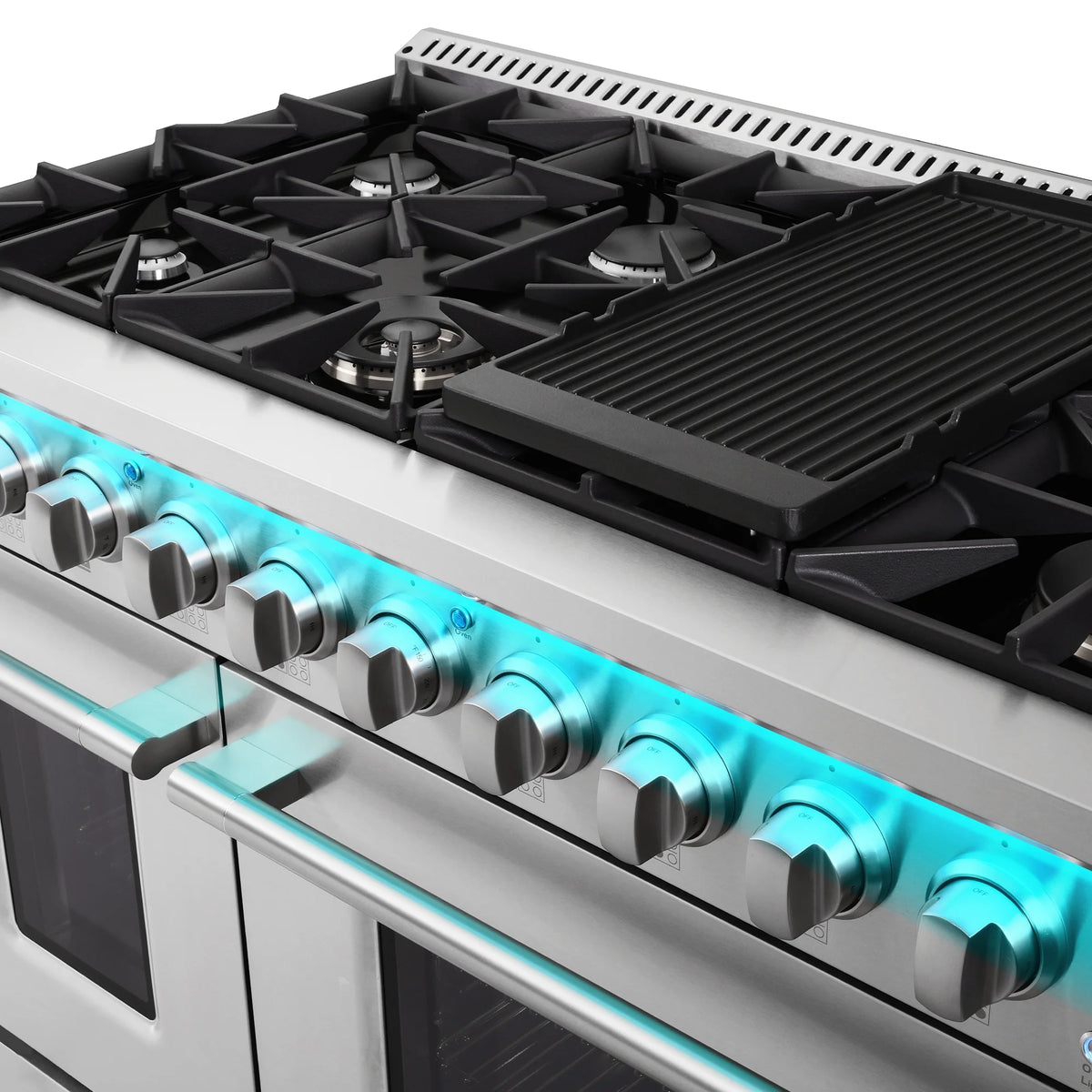 Cosmo 48 in. Lumin Collection 5.5 cu. ft. Double Oven Dual Fuel Range with 8 Burners, Cast Iron Grates in Stainless Steel
