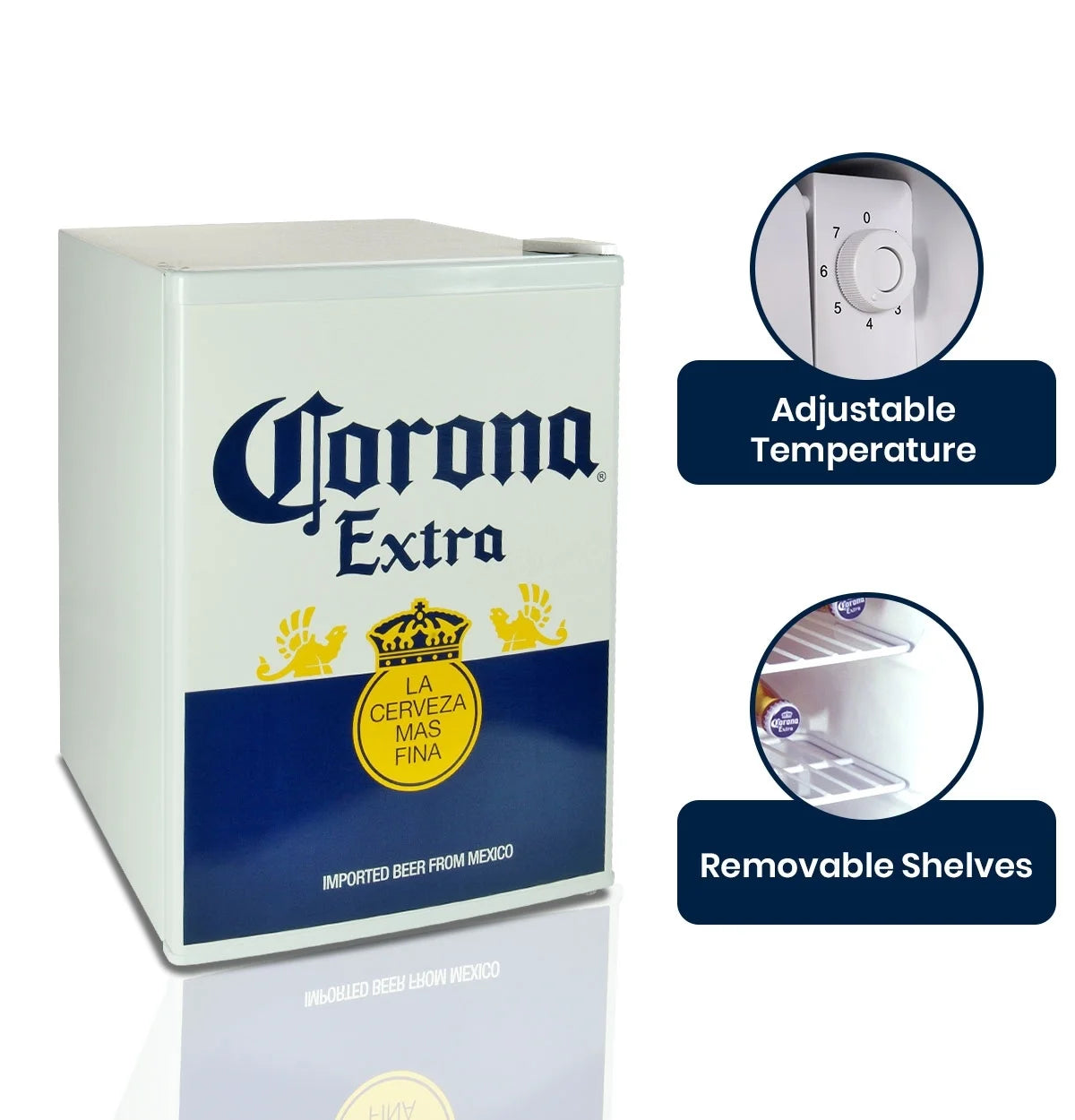 Corona Mini Beer Fridge with Freezer, 2.4 Cu. Ft, 70L Capacity White & Blue Compact Beverage Cooler