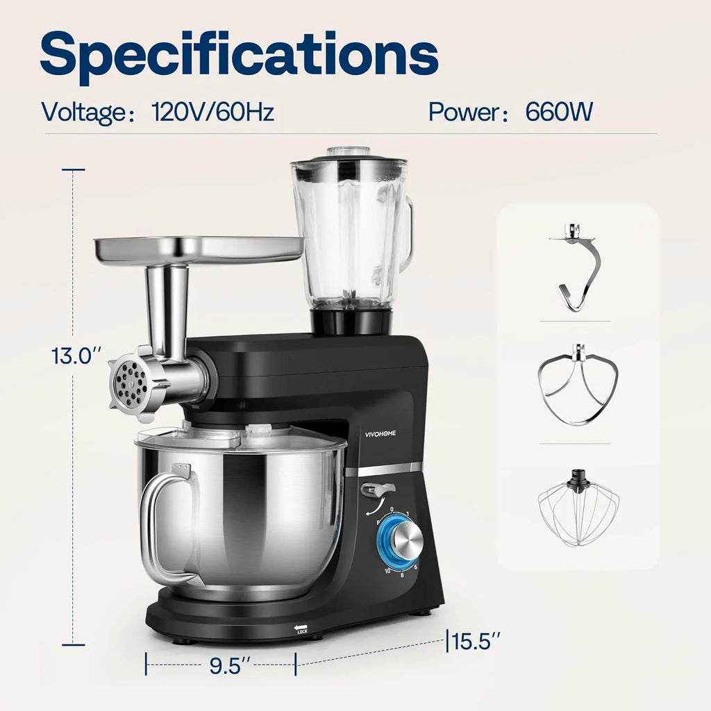 SPECSTAR 6 in 1 Multifunctional Stand Mixer with 8.5 Quart Stainless Steel Bowl, 660W 10 Speed Tilt-Head, Silver