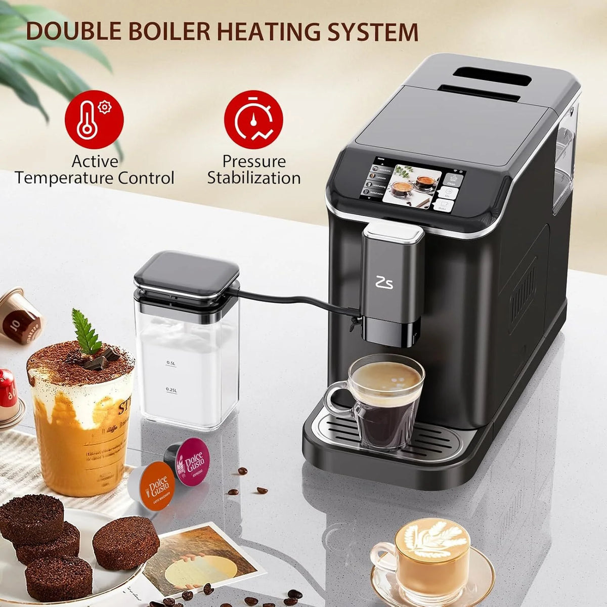 Espresso Machine,Fully Automatic Espresso Machine with Automatic Milk Frother,7 Coffee Varieties,20-Bar,Built-in Grinder,Intuitive Touch Display,1.5-L Water Tank