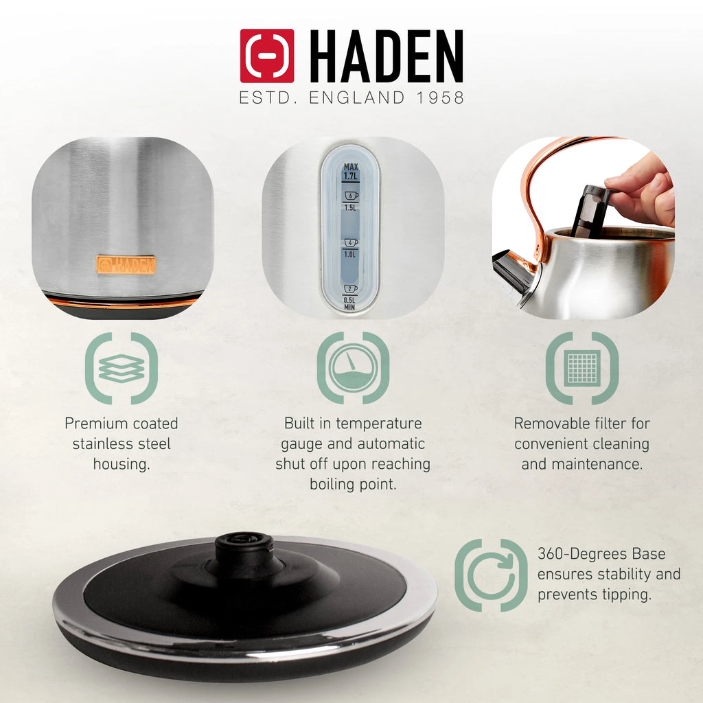 Haden Heritage 1500 1.7 Electric Kettle, Matte Black Finish with Copper Accents