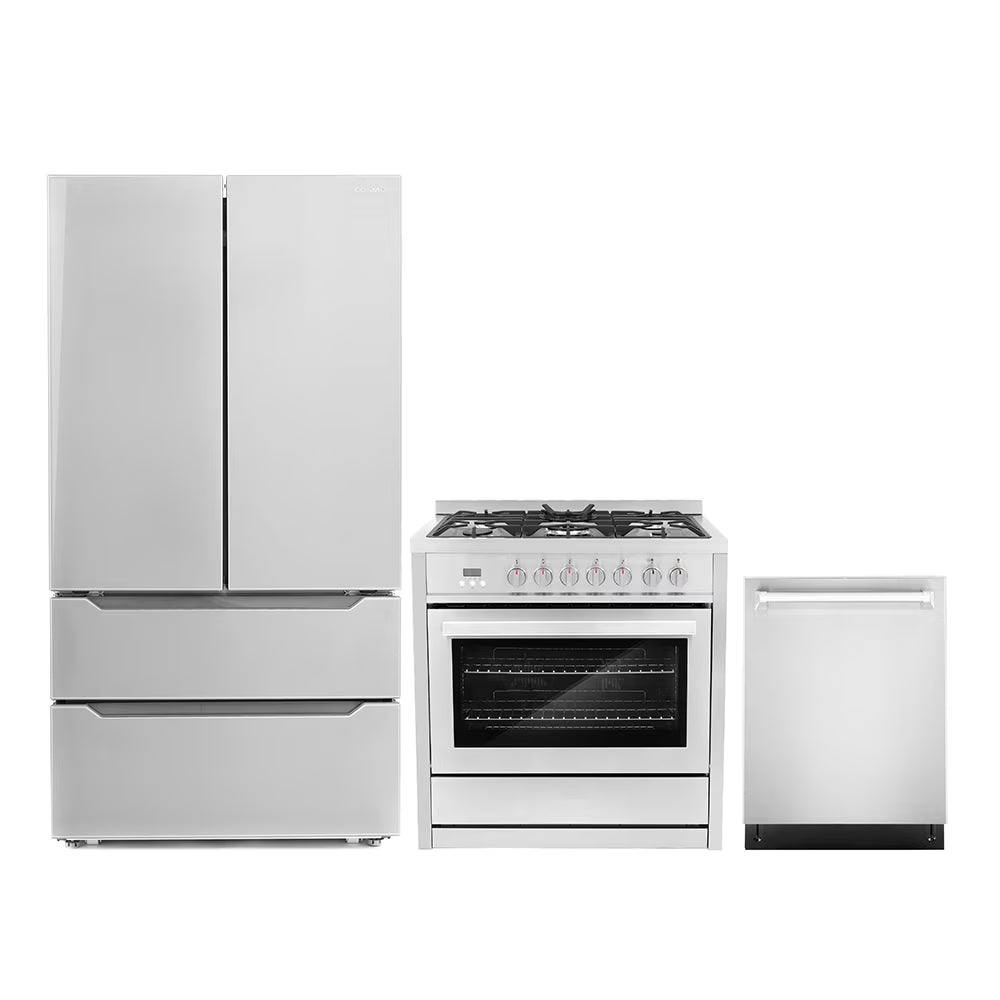 Cosmo 3 Piece Kitchen Appliance Packages with 36" Freestanding 220/240V Dual Fuel Range Kitchen Stove 24" Built-in Fully Integrated Dishwasher & French Door Refrigerator Kitchen Appliance Bundles