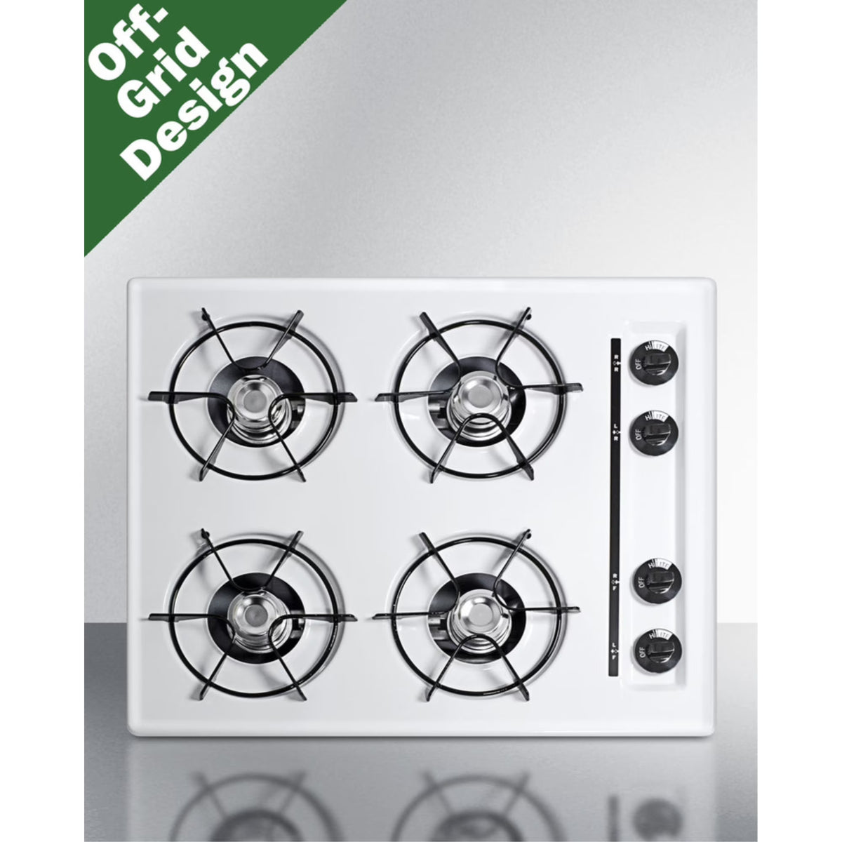 24" wide LP gas cooktop with four open burners and battery-start ignition
