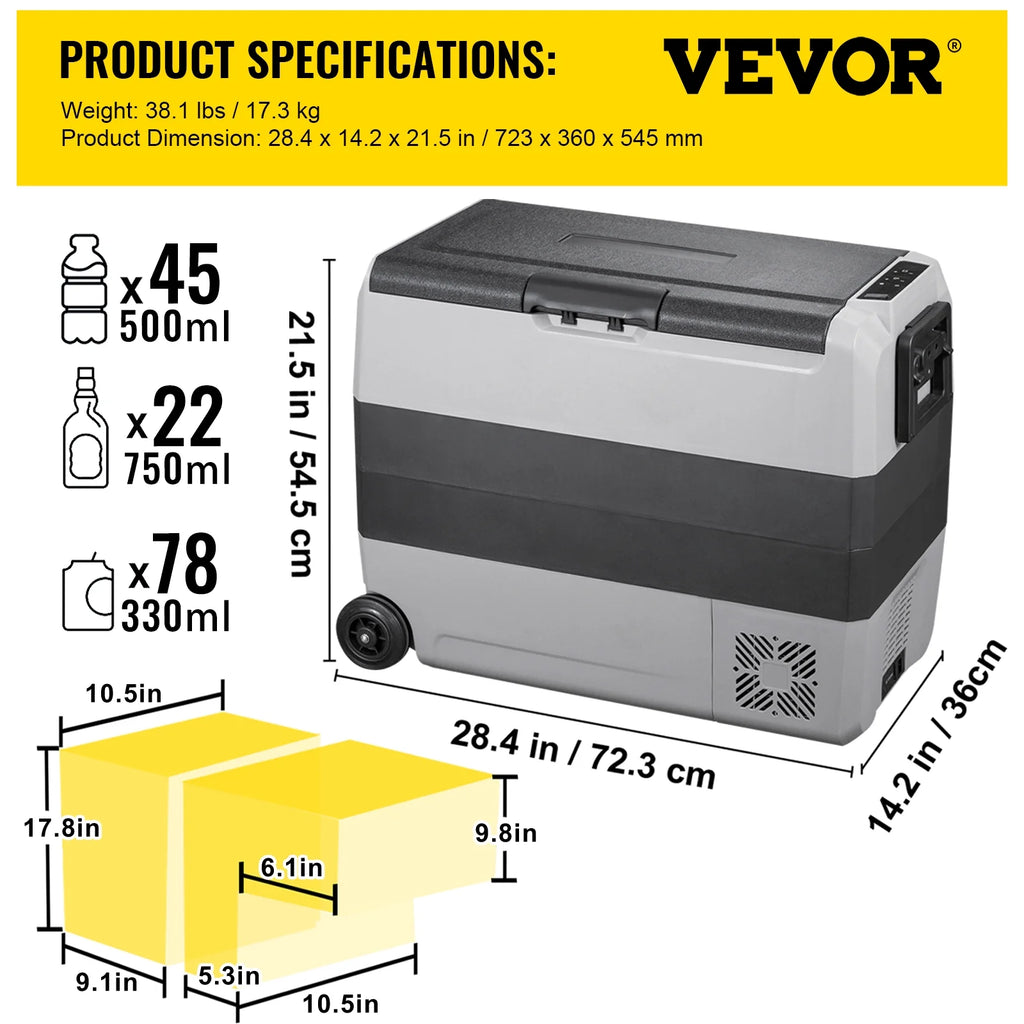 VEVOR Car Refrigerator 48Qt, Dual Zone Car Fridge Freezer12/24V DC & 110-240V AC Electric Compressor Cooler for Truck Vehicle RV