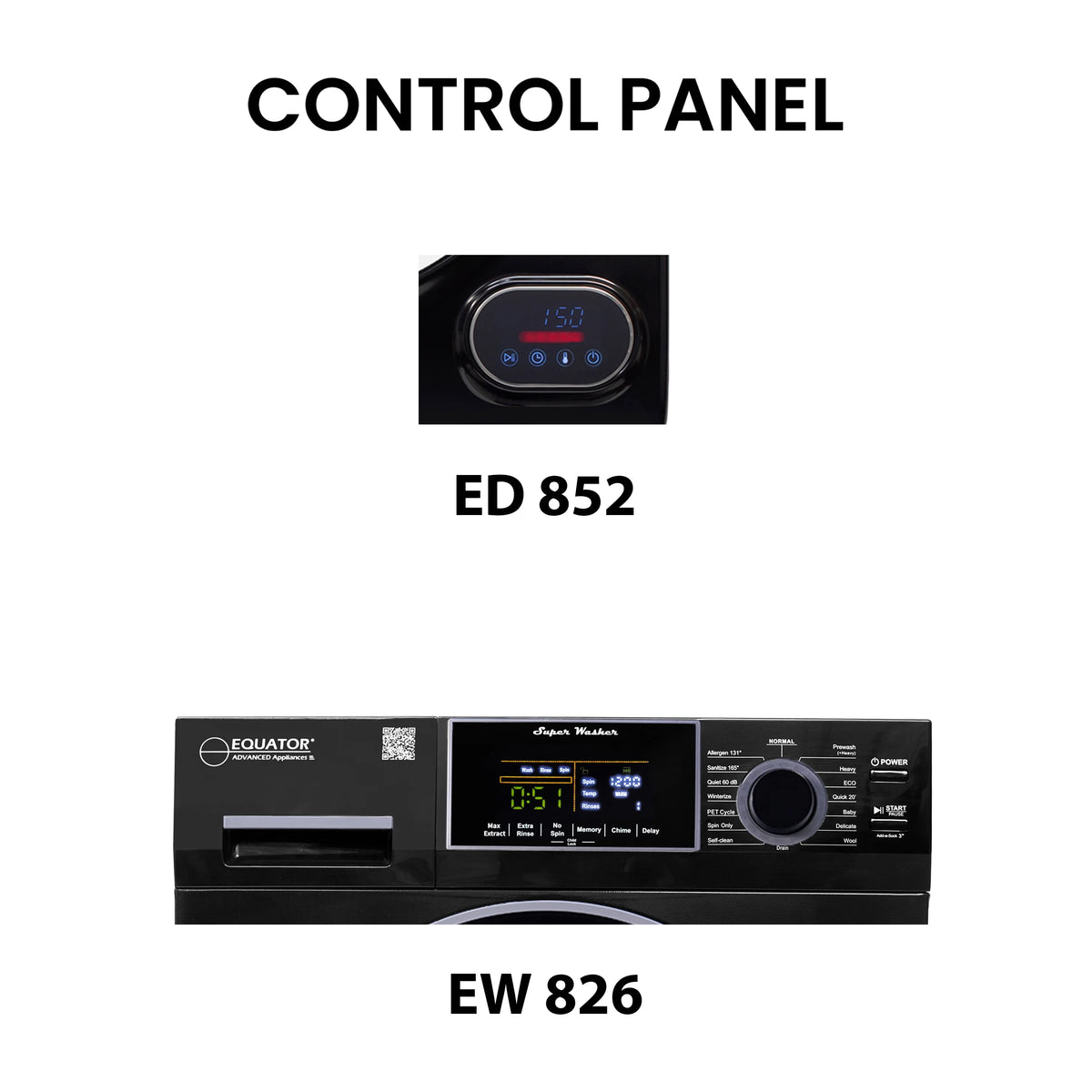 Equator 110V 1.6 cf Washer w/ Pet Cycle & 110V 3.5cf Vented Digital Sensor Dryer in Black