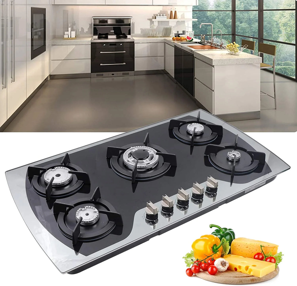 ANQIDI LPG/NG Gas Cooktop 5 Burners Gas Hobs Built-in Automatic Pulse Ignition Gas Stove Kitchen Cooker (35.4")