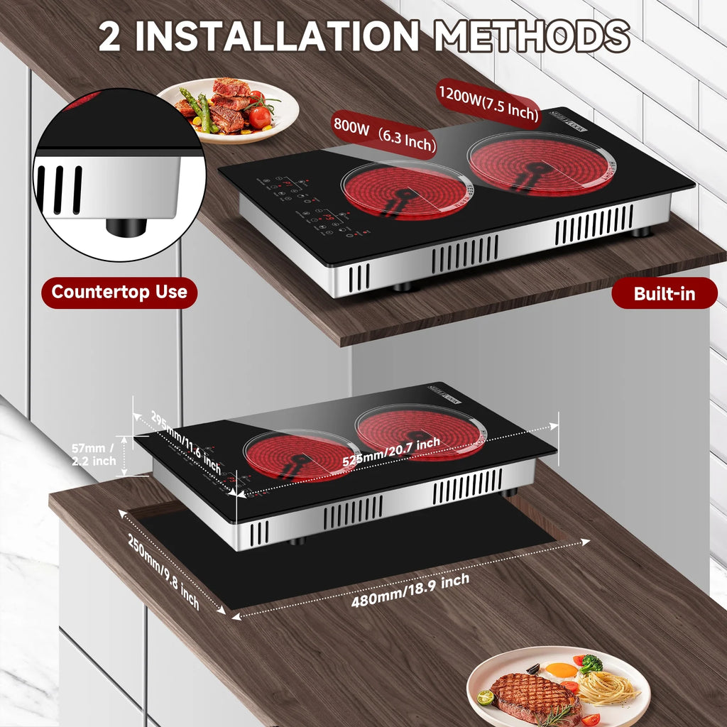 SizzleCook 2 Burner Electric Cooktop 110V Plug In, Countertop & Built-in Ceramic Stove Top, 12 inch Portable Infrared Double Burner Electric Stovetop with Outlet Plug, Child Safety Lock?