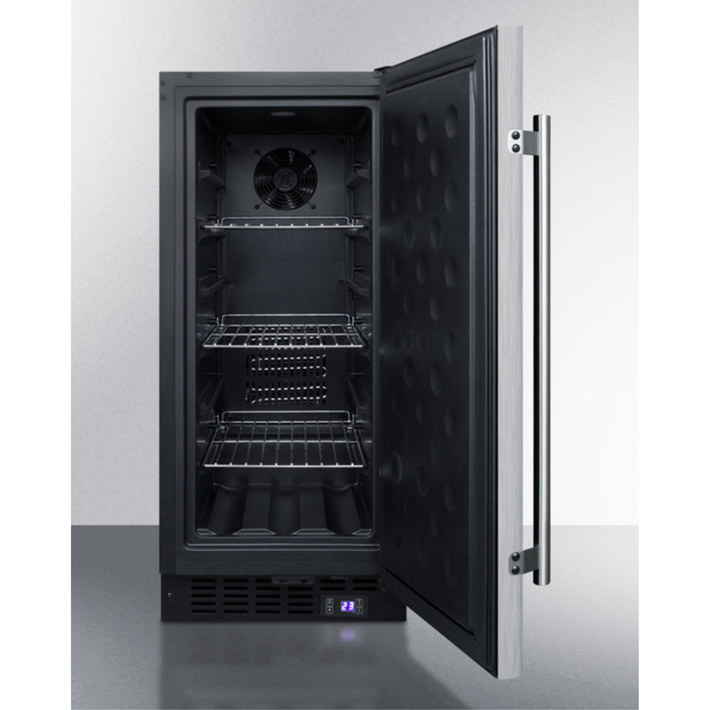 15" wide frost-free freezer for built-in or freestanding use, with stainless steel wrapped exterior, lock, and digital thermostat