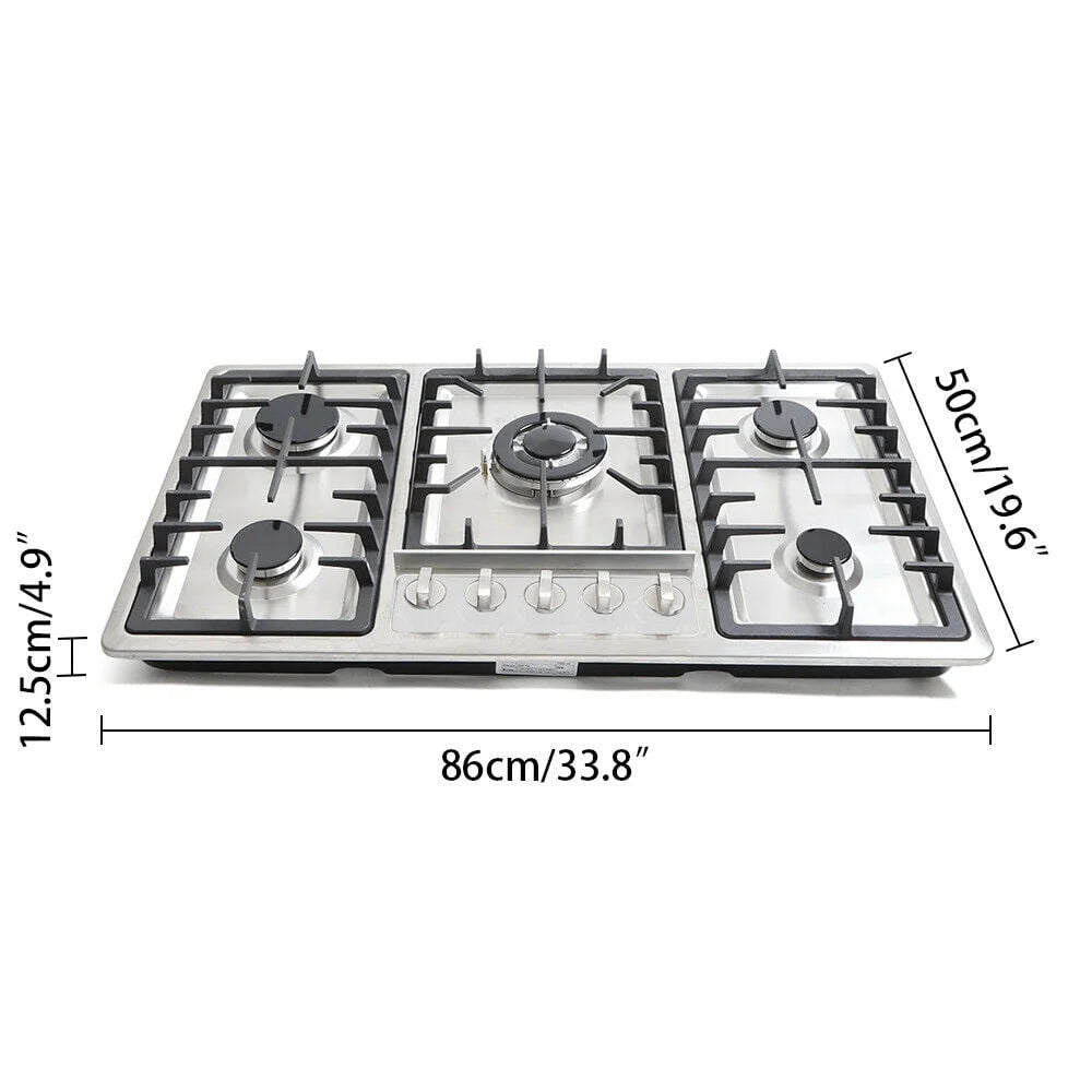 Kitchen Cooktop 34" Built-In Stove Top 5 Burners Gas Cooktop Kitchen NG Gas Cooking Easy Clean Stainless Steel 5 Burners Built-In Stove Cooktop Gas NG/LPG Hob Cooker Natural Gas Stove Kitchen