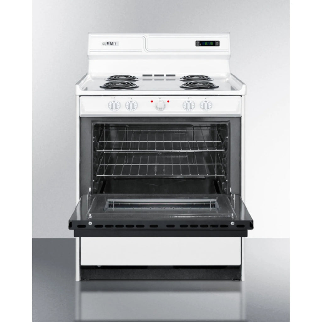 30" wide electric coil top range in white with black door, oven window, and high backguard