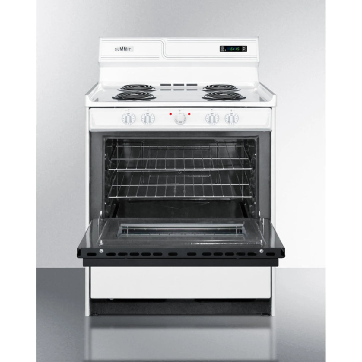 30" wide electric coil top range in white with black door, oven window, and high backguard