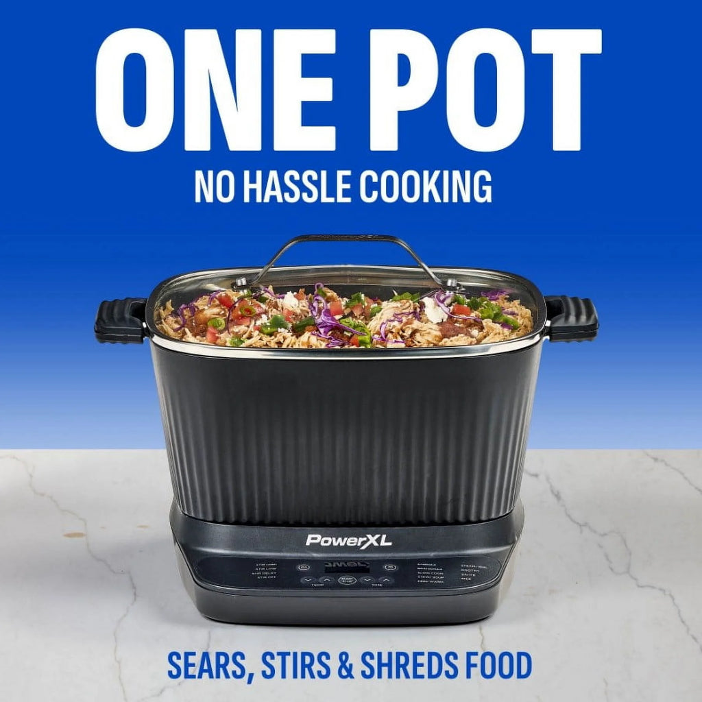 Power XL StirMax 7.5 Qt Multi-Cooker with Auto Stir/Shred Paddle and 9 Presets, Matte Black