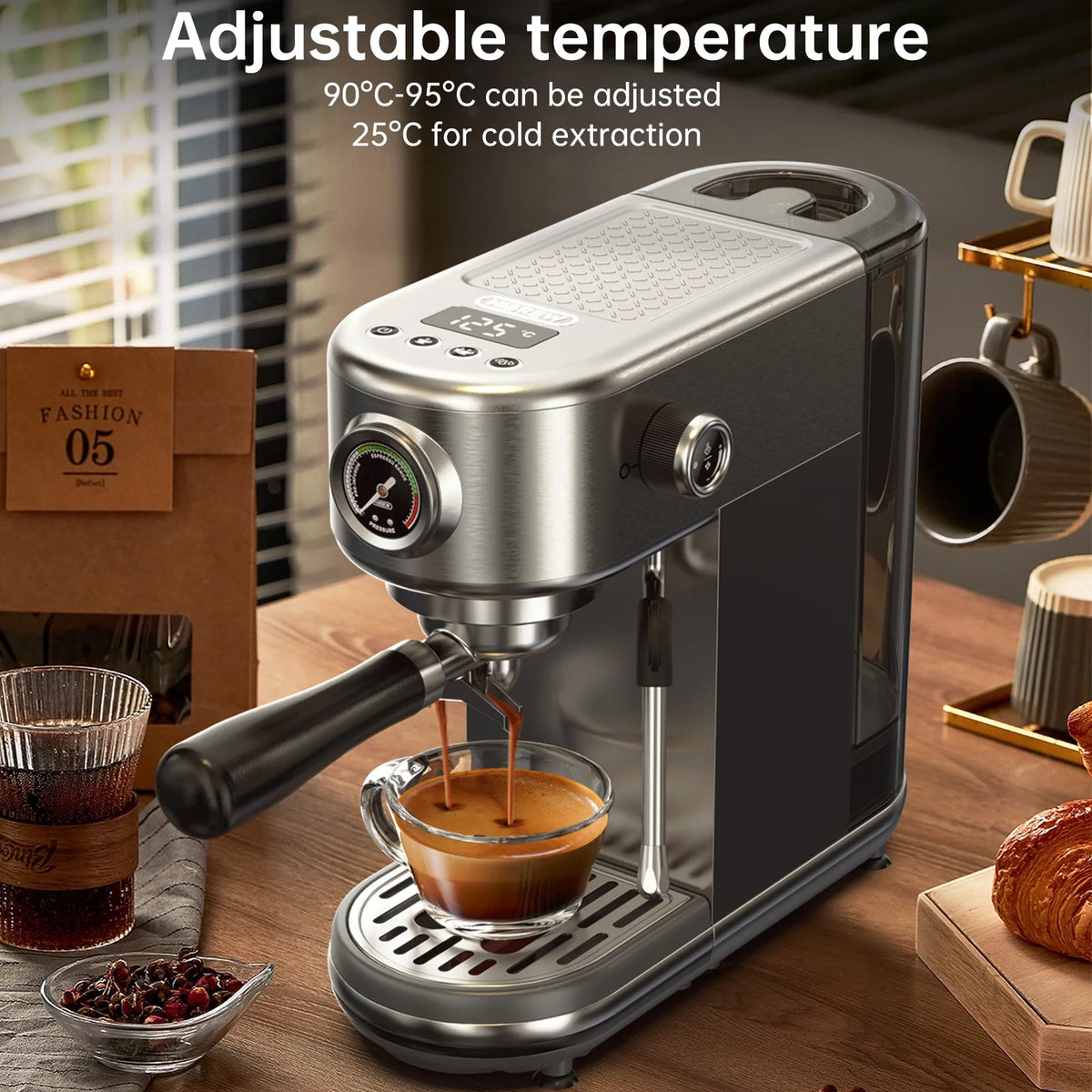 HiBREW 20 Bar Semi Automatic Espresso Machine for Home, Stainless Steel Coffee Maker with Steam Wand H10B