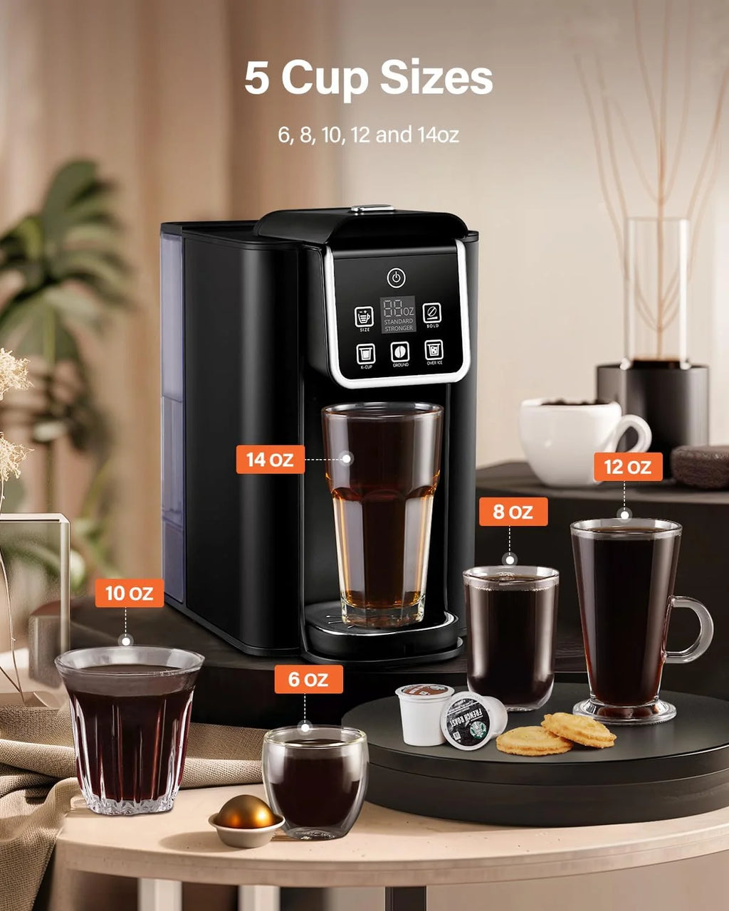 Single Serve Coffee Maker, Hot and Iced Coffee Machine for K-Cup Pods & Ground Coffee, 6 to 14 oz Brew Sizes, 50 oz Removable Water Tank, Bold Brew Setting, Stainless Steel, Black