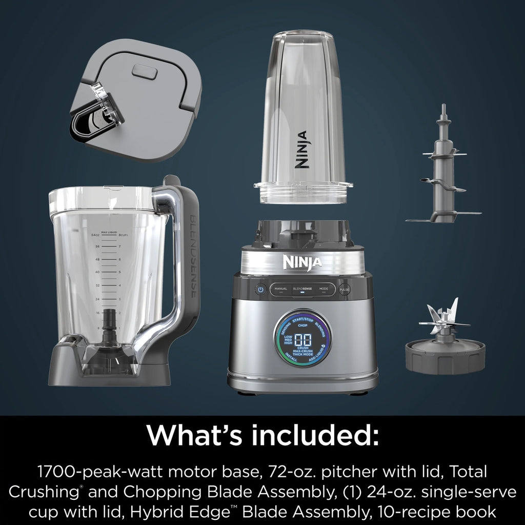 Ninja Detect Duo Power Blender + Personal Single-Serve, BlendSense Technology, Kitchen Countertop, 1700 Watts, 72 oz Pitcher, 24 oz Cup, TB300 Silver