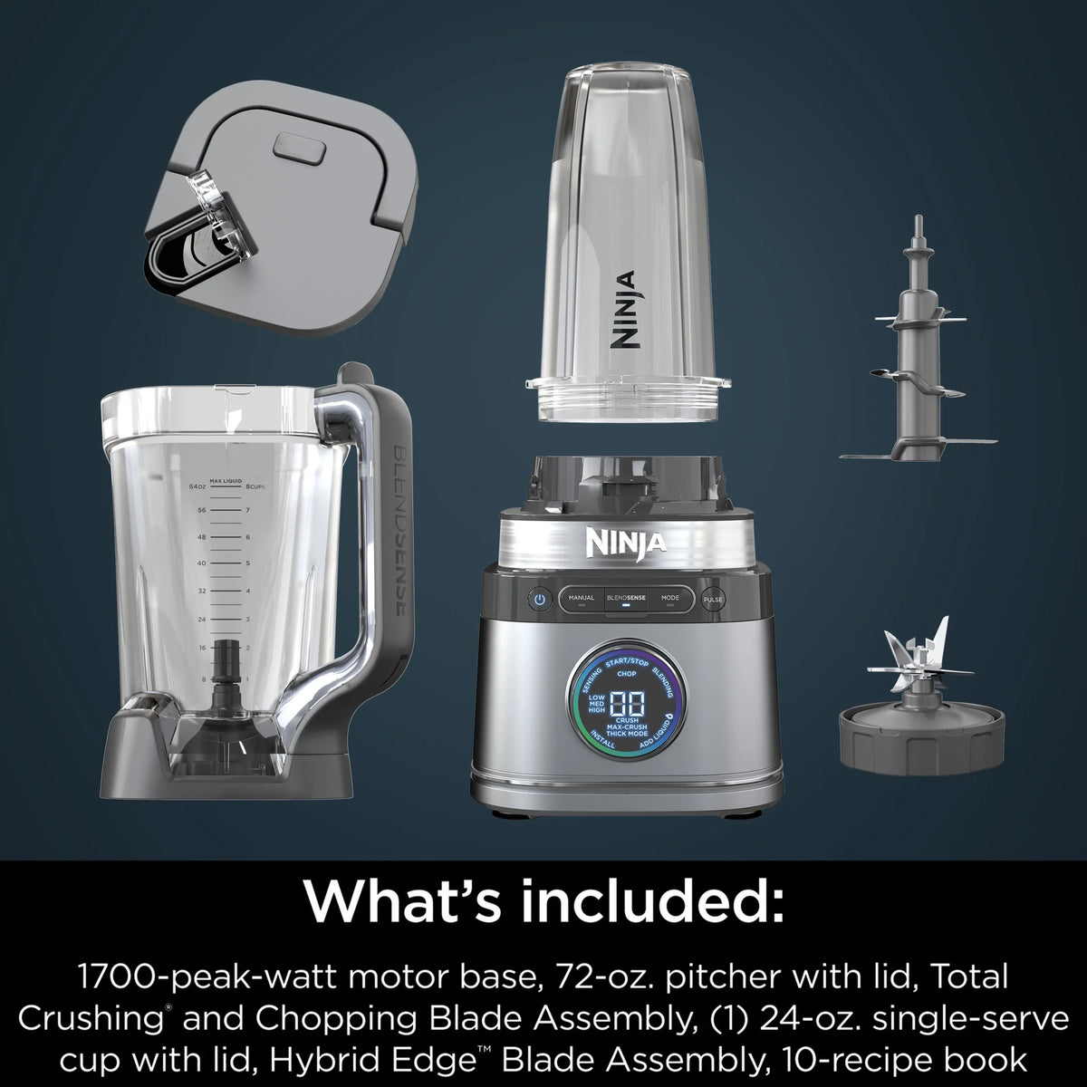 Ninja Detect Duo Power Blender + Personal Single-Serve, BlendSense Technology, Kitchen Countertop, 1700 Watts, 72 oz Pitcher, 24 oz Cup, TB300 Silver