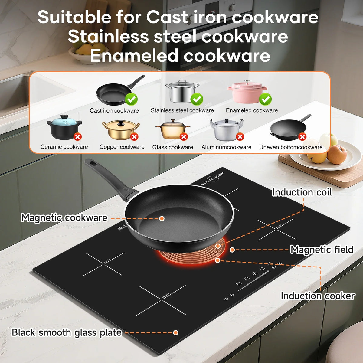 VoltCuisine Double/Dual Induction Cooktop 2 Burner, Shatter-proof Flat Glass Top, 9 Heat Settings, LED Touch Display with Child Safety Lock & Overheat Protection