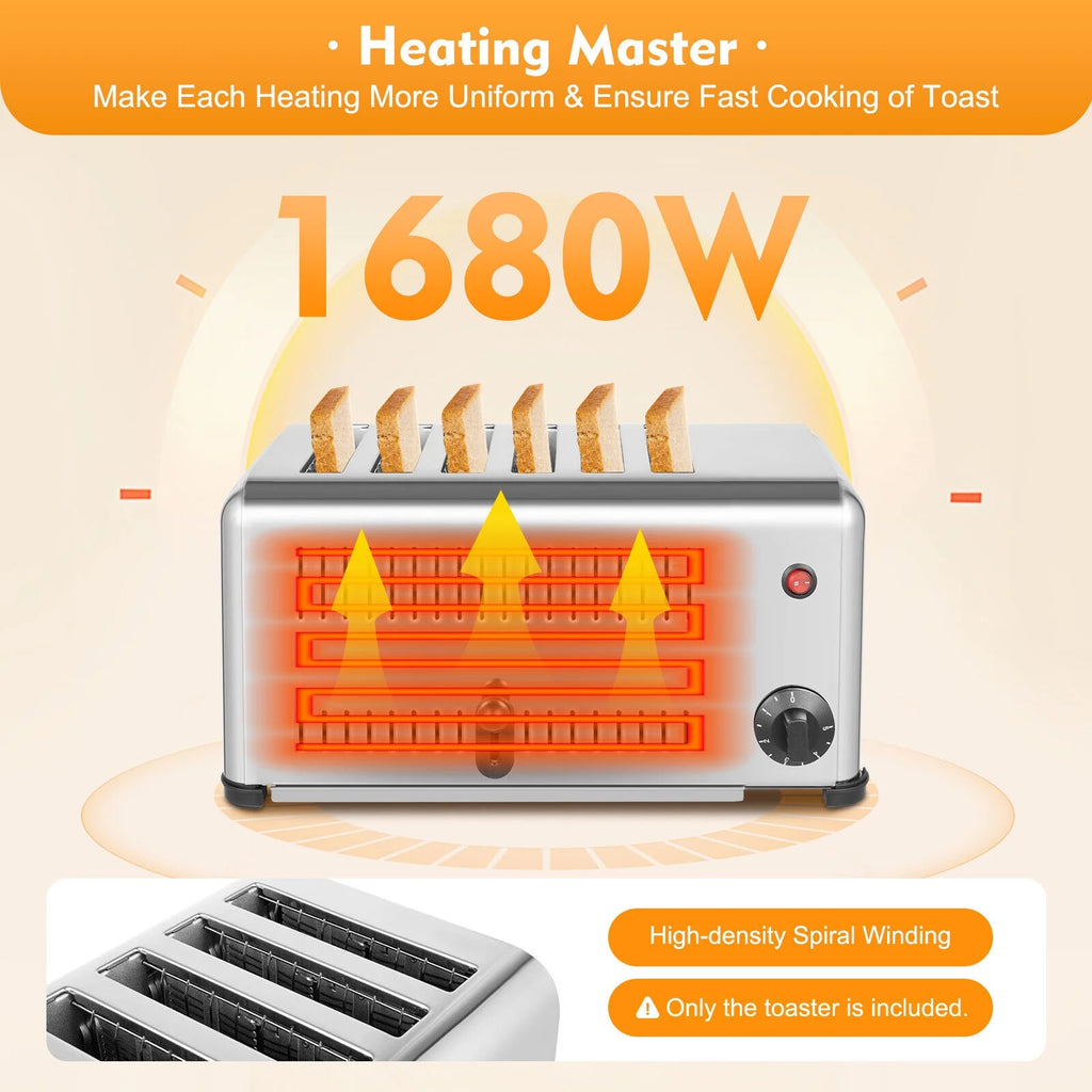 6-Slice Stainless Steel Toaster, 1680W High-Power with Adjustable Timing, Wide Slots, and Easy-to-Clean Design for Perfect Toast Every Time
