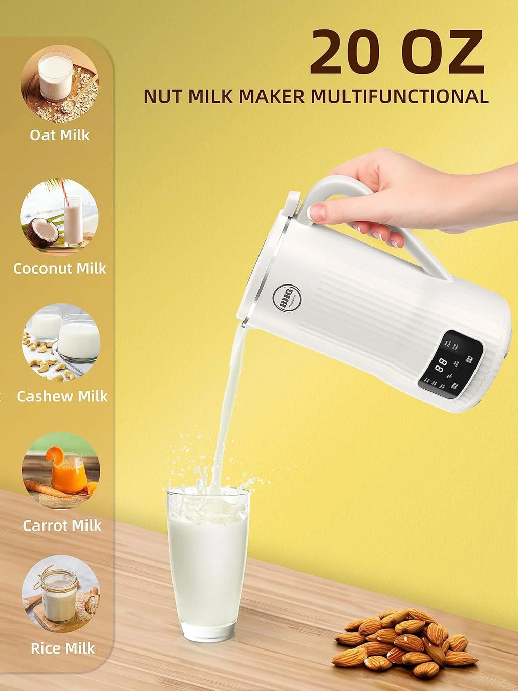 20 oz Nut Milk Maker - Multifunctional Automatic Almond, Equipped with 10 Blades, Suitable for Plant-Based, Oat, Soy, and Dairy, 12-Hour Timer/Auto Clean/Room Temperature/Keep Warm/Boil, hite.
