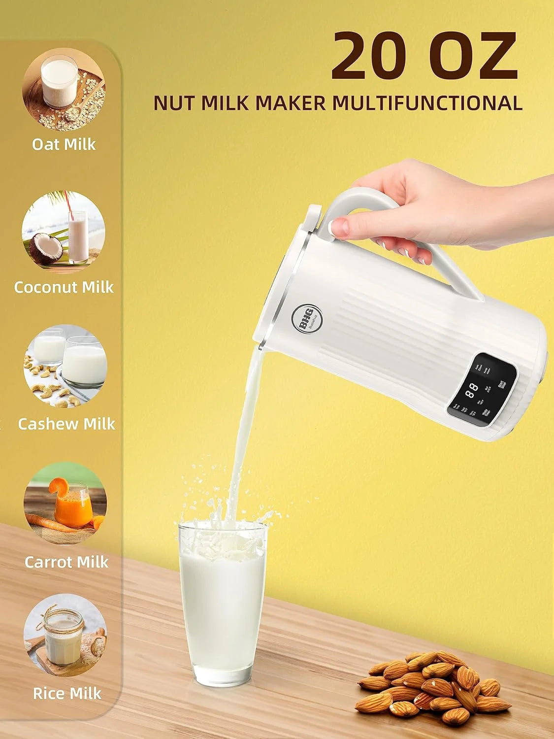 20 oz Nut Milk Maker - Multifunctional Automatic Almond, Equipped with 10 Blades, Suitable for Plant-Based, Oat, Soy, and Dairy, 12-Hour Timer/Auto Clean/Room Temperature/Keep Warm/Boil, hite.
