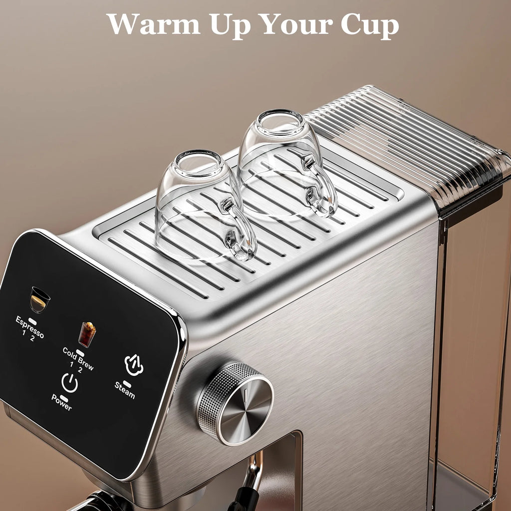 Espresso Machine 20 Bar, Rapid Cold Brew, Stainless Steel Coffee Machine with 40oz Removable Water Tank for Cappuccino, Latte, Silver