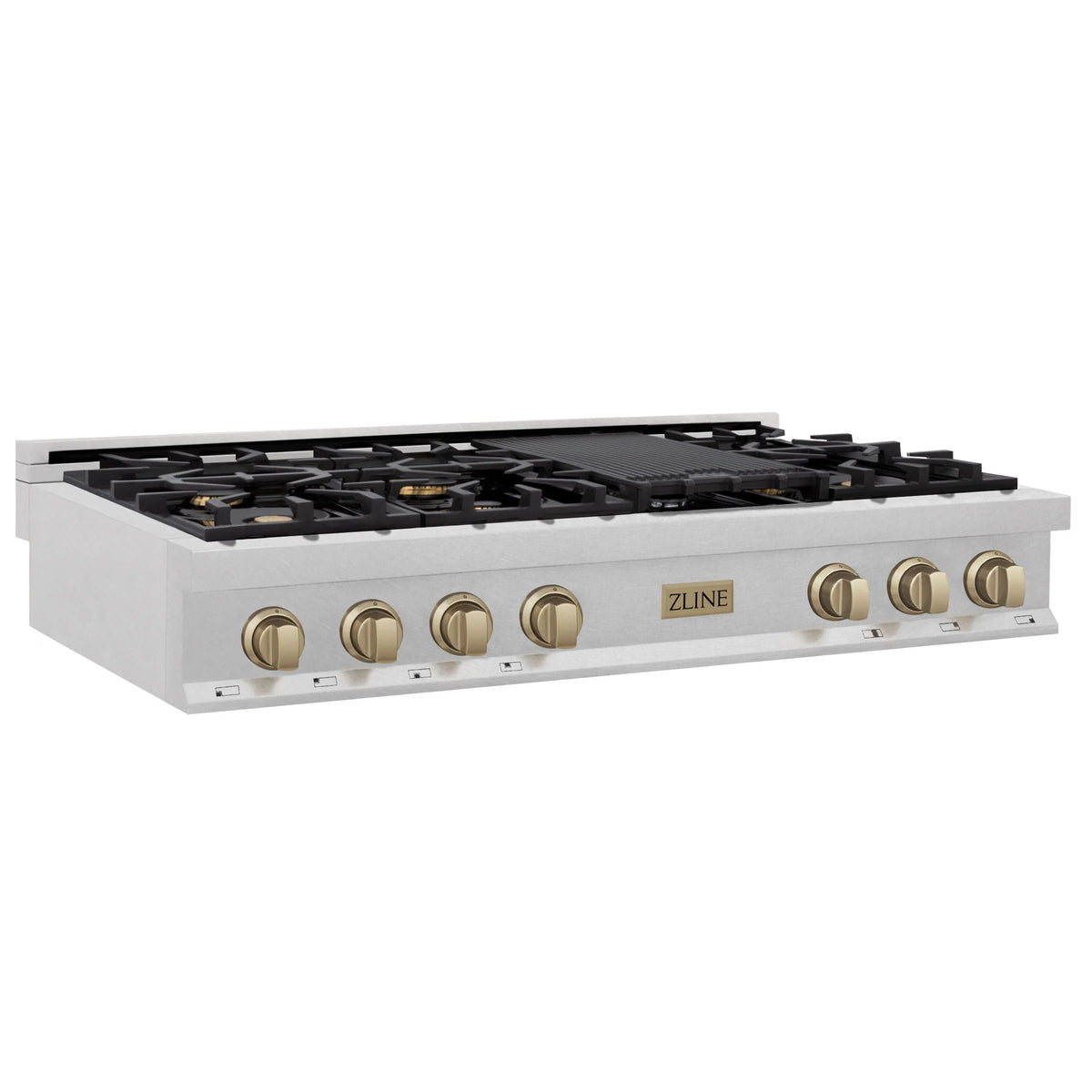 ZLINE Autograph Edition 48" Porcelain Rangetop with 7 Gas Burners in DuraSnow Stainless Steel and Champagne Bronze Accents (RTSZ-48-CB)