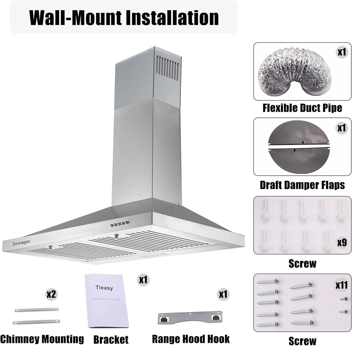 Zomagas 24 inch Wall Mount Range Hood 450CFM Exhaust Vent Stainless with Dishwasher Clean Filter 120V