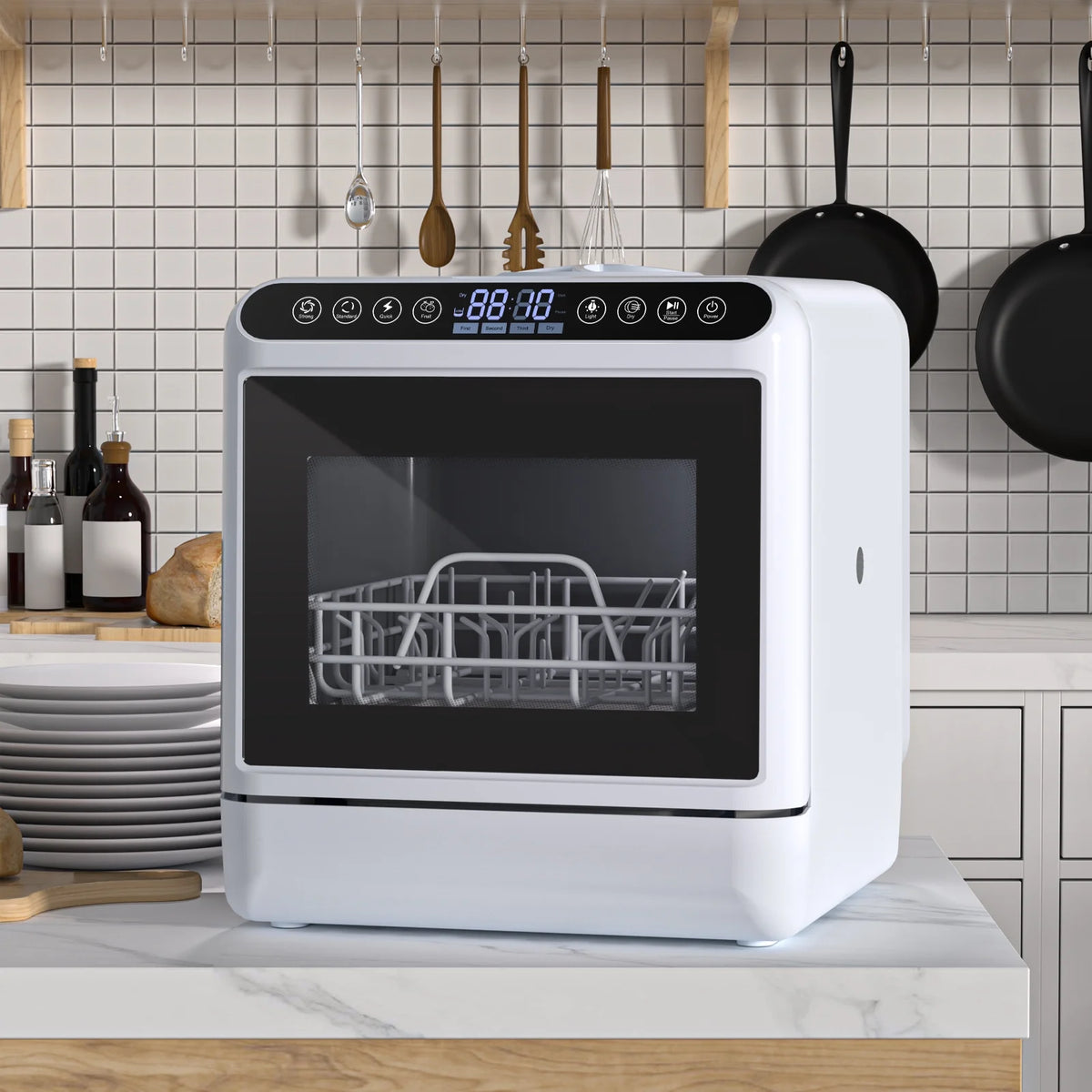 Happydeer Portable Countertop Dishwasher with 5L Water Tank, Automatic Smart Countertop Dishwasher, Mini Dishwasher with 5 Place Settings, 2-Tier Rack, 3-Spray Arm, Air-Dry Function