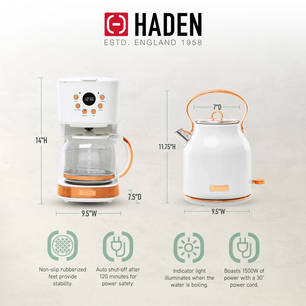 Haden Coffee Maker & Heritage 1.7 Liter Electric Kettle, Black & Chrome