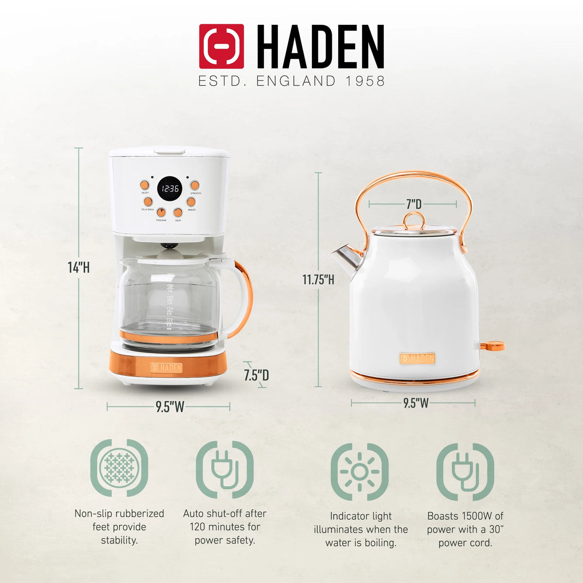 Haden Coffee Maker & Heritage 1.7 Liter Electric Kettle, Black & Chrome