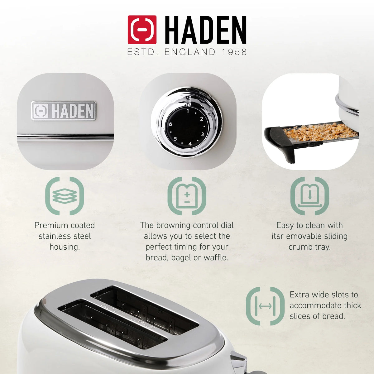 Haden 12 Cup Coffee Maker with 2 Slice Stainless Steel Bread Toaster, White