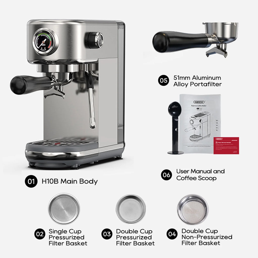 HiBREW 20 Bar Semi Automatic Espresso Machine for Home, Stainless Steel Coffee Maker with Steam Wand H10B