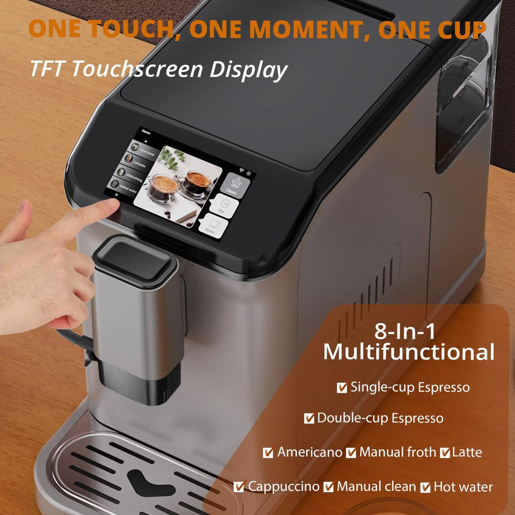 TROPOW Fully Automatic Espresso Machine, Automatic Milk Frother, Coffee Machine with Intuitive Touch Display for Latte, Cappuccino, Iced Coffee, Built-in Grinder, 1.5L Water Tank, for Home Office