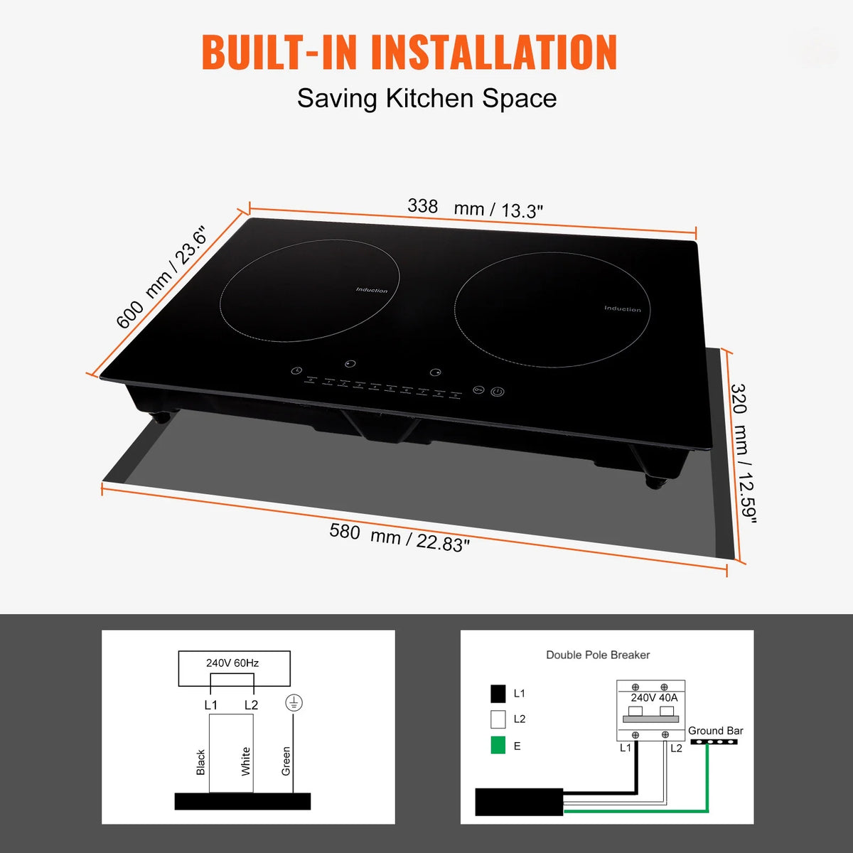 KFFKFF 2 Burners Ceramic Glass Stove Top Touch Control 24 inch Electric Cooktop