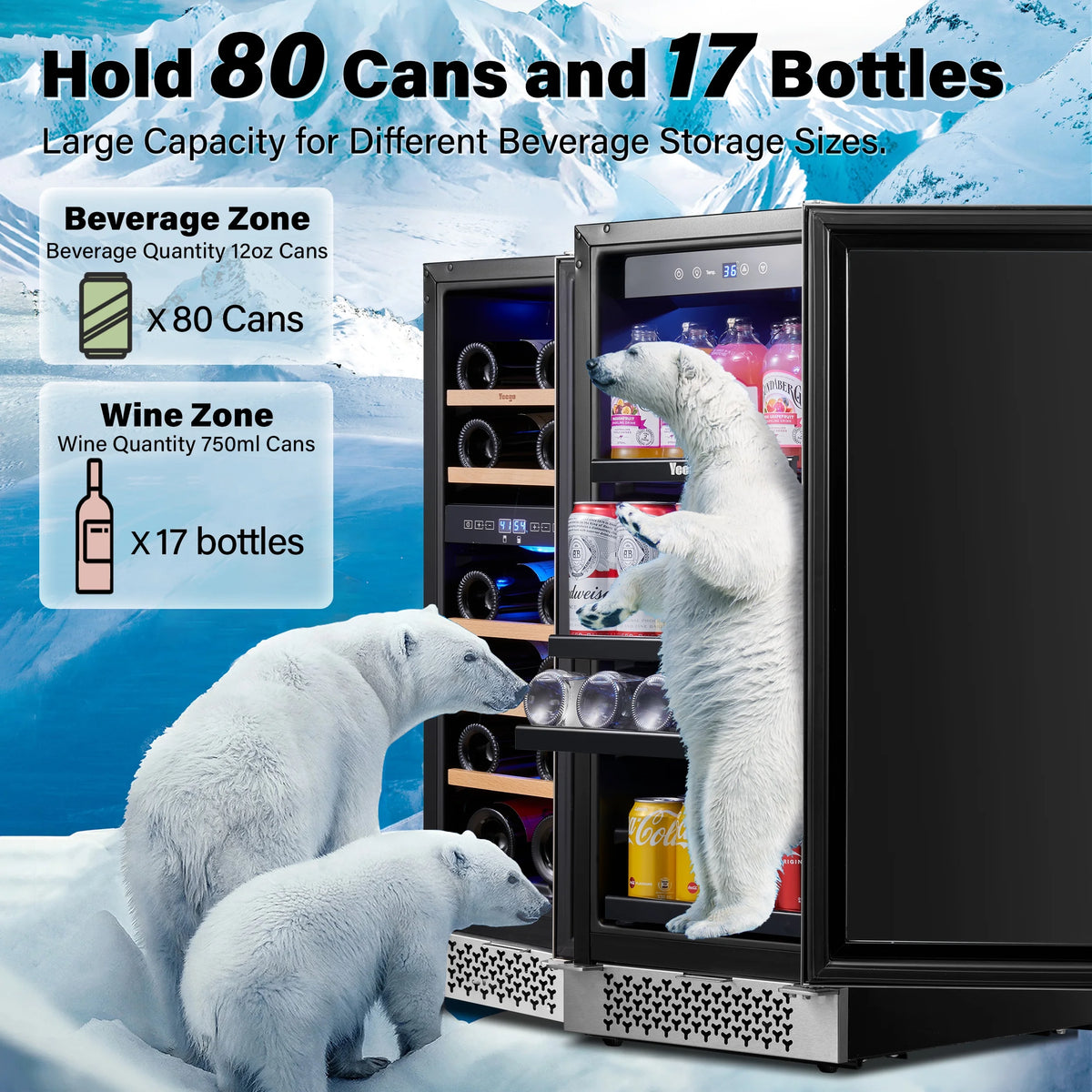 Yeego 30" Wine and Beverage Refrigerator,Two 15" Wine and Beverage Cooler Under Counter or Freestanding, Hold 33 Bottles and 80 Cans(Two Pack)