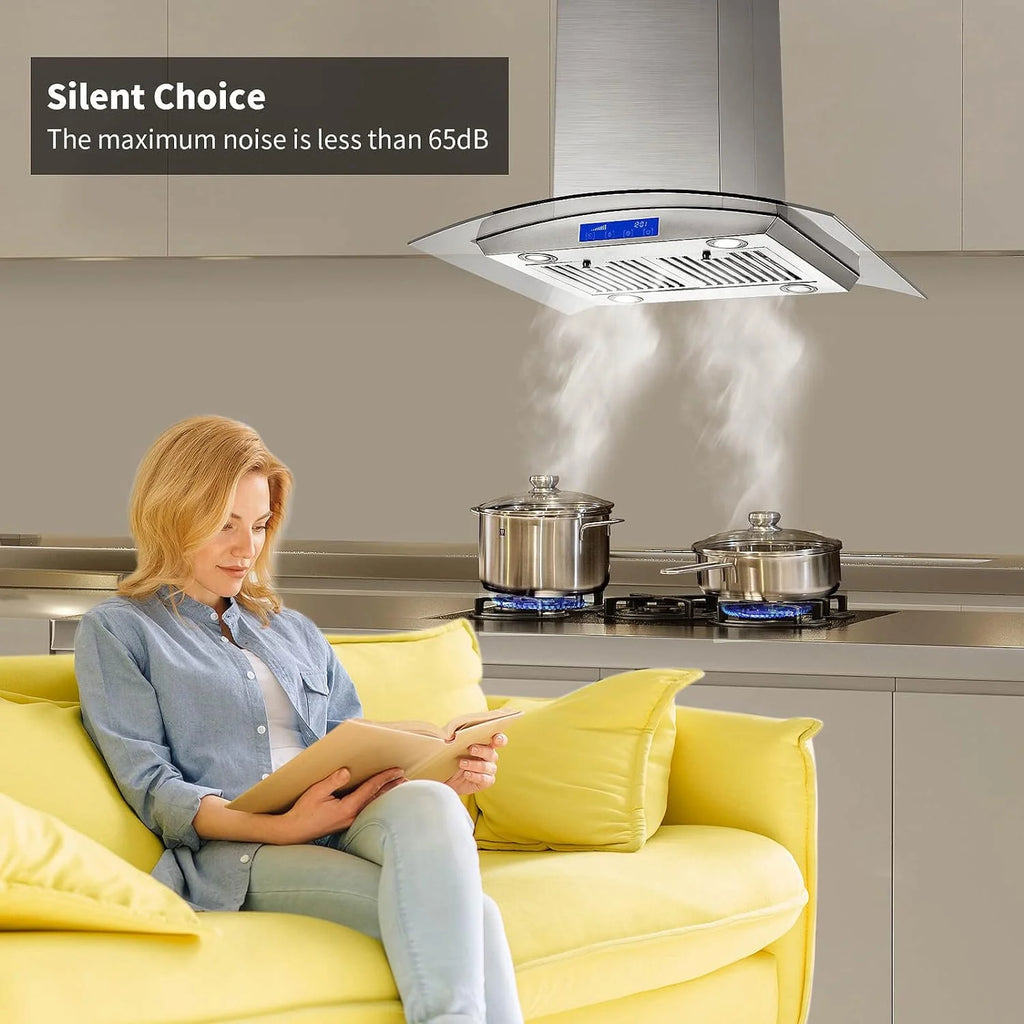 Island Range Hood 30 Inch 700 CFM Ceiling Mount Stainless Steel Kitchen Vent Hood Touch Screen Control Kitchen Exhaust Hood Ducted Ductless Convertible 3-speed Ventilation Fan