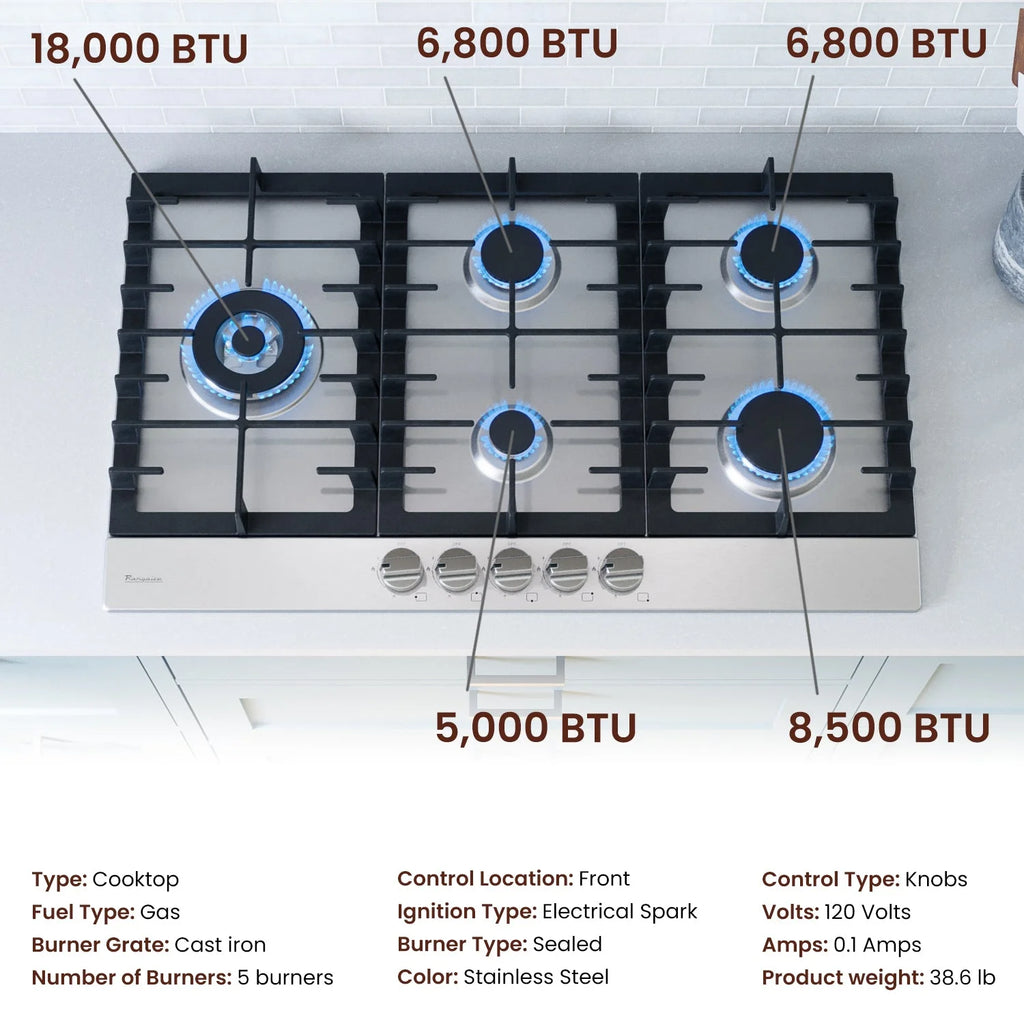 Rangaire RCG341S 34" Gas Cooktop - Stainless Steel, Sealed Burners, Cast Iron Grates, Die Cast Metal Burner Controls