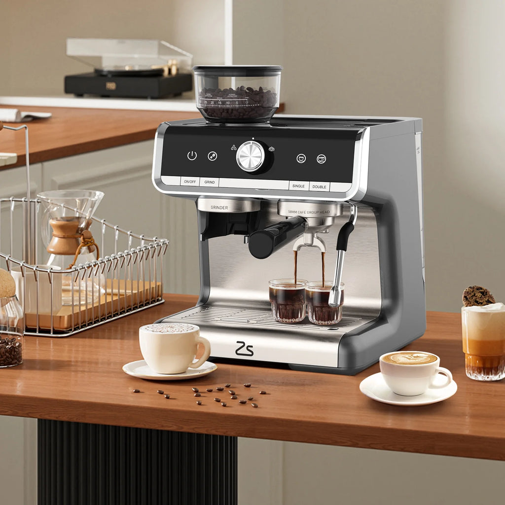 Kojooin Coffee Machines With Grinder,Espresso Machine,Semi-Automatic Espresso Maker With Milk Frother Steamer Wand,Silver
