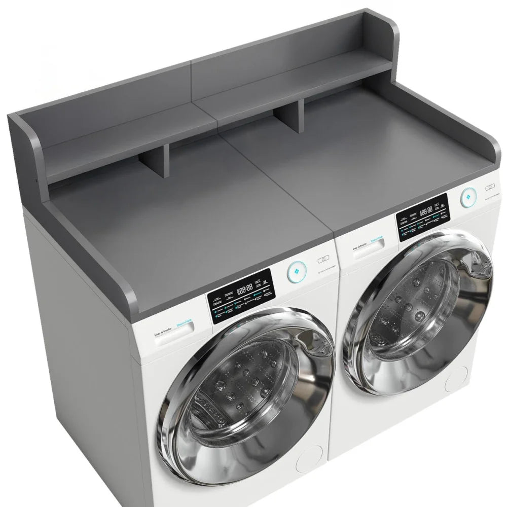 Wood 2-Tier Washer Dryer Countertop with Edge Rails, 54" W x 27.5" D Washer and Dryer Topper for Laundry Room Organization and Storage, Walnut