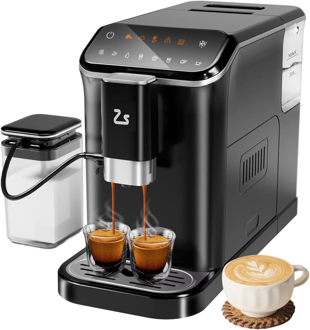 WALYWIK Fully Automatic Espresso Machine with Built-In Adjustable Grinder, Milk Frother, 20-Bar Pump, 1.5L Water Tank, Touch Panel Control for Espresso, Latte & Cappuccino �?Black