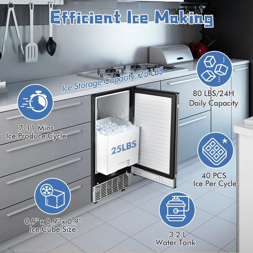 Topcobe Free-Standing Built-In Undercounter Ice Maker, Electric Ice Maker for Home Kitchen OffIce Bar Party Camping RV, Silver
