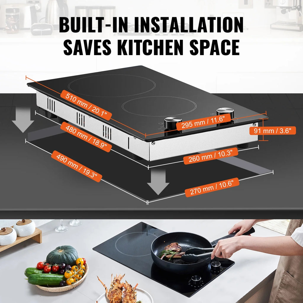 KFFKFF Built-in 2 Burner Electric Cooktop, 12" Electric Range, 3000W Electric Stove Top with Smooth Ceramic Surface, Rotary Dial, 11 Temperature Settings, 220-240V, Direct Wiring Required