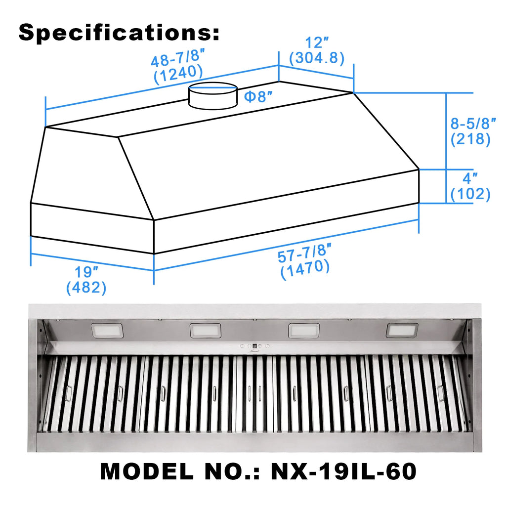 Akicon 48 Inch Range Hood Insert, Stainless Steel 8" Ducted Insert/Built-in Kitchen Vent Hood with 1200 CFM Suction, Dimmable LED Lights and Dishwasher Safe Filters, 4 Speed-Cool White
