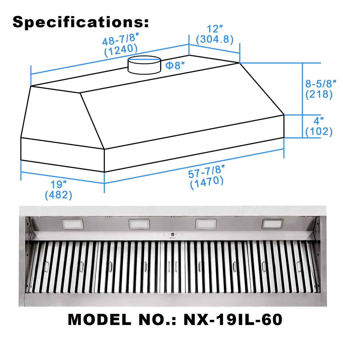 Akicon 48 Inch Range Hood Insert, Stainless Steel 8" Ducted Insert/Built-in Kitchen Vent Hood with 1200 CFM Suction, Dimmable LED Lights and Dishwasher Safe Filters, 4 Speed-Cool White
