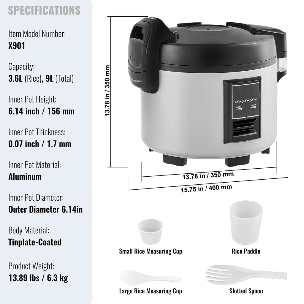 KFFKFF Industrial Rice Steamer, 45-Cup Capacity, 9.51 Qt / 9 Liter Voluminous Rice Maker and Heater with Nonstick Cooking Chamber, Swift Preparation and 12-Hour Heat Retention