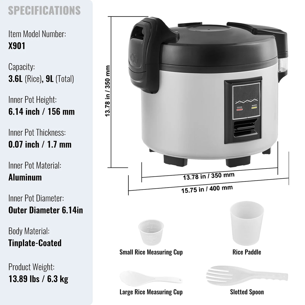 KFFKFF Industrial Rice Steamer, 45-Cup Capacity, 9.51 Qt / 9 Liter Voluminous Rice Maker and Heater with Nonstick Cooking Chamber, Swift Preparation and 12-Hour Heat Retention