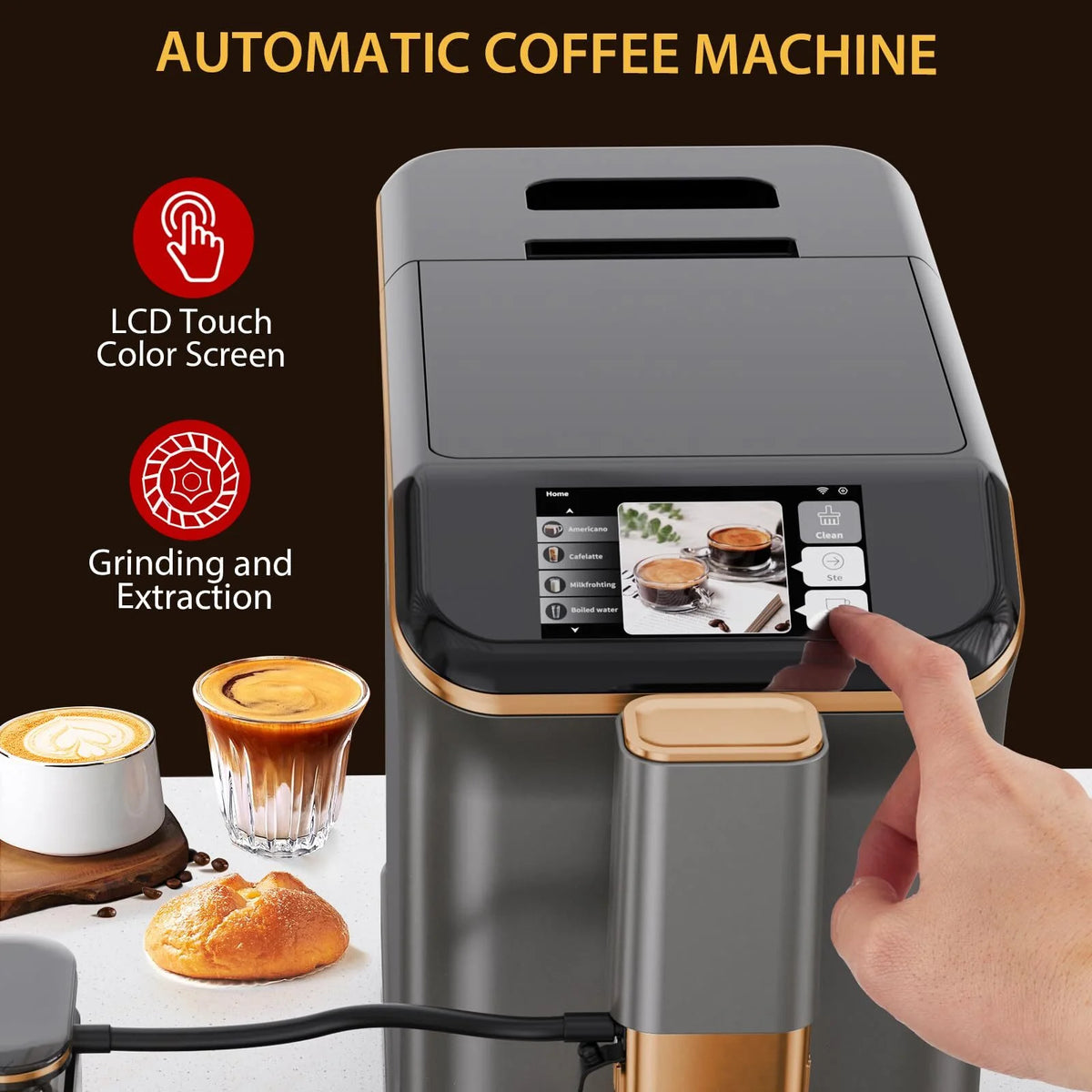 Soonbuy Fully Automatic Espresso Machine 20 Bar, With Milk Frother Steam Wand,Gold