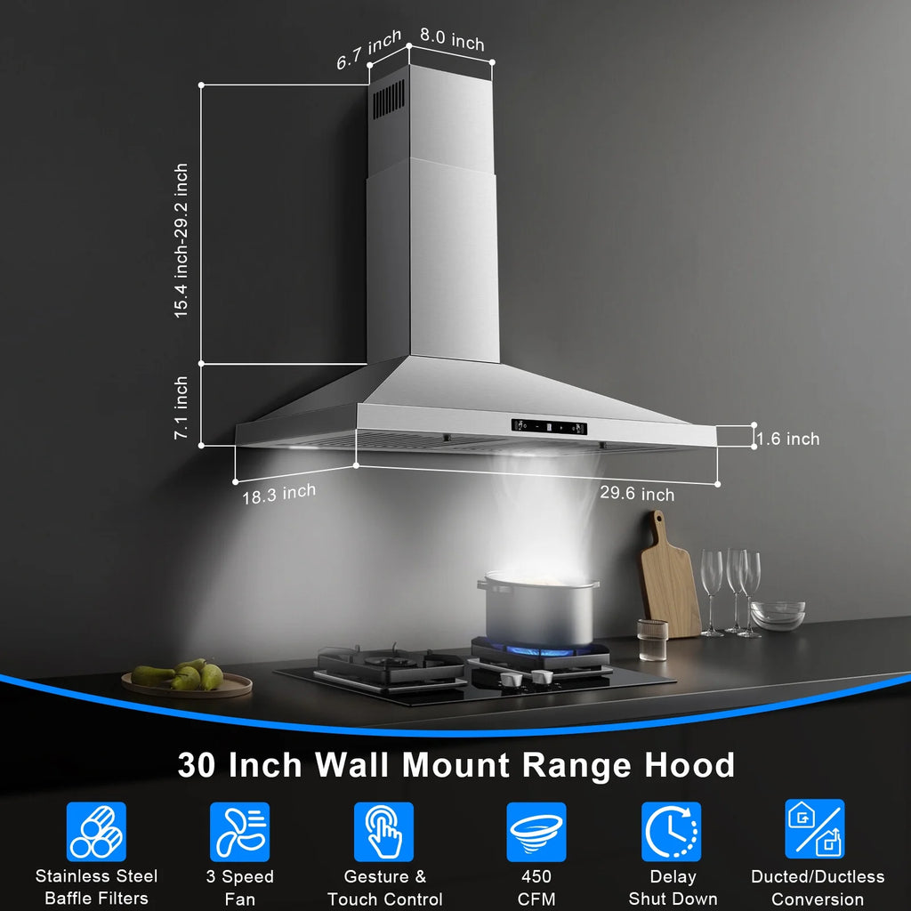 New 30 Inch Stainless Wall-Mounted Kitchen Range Hood 3-Speed Fan Exhaust Vent Gesture/Touch 120V
